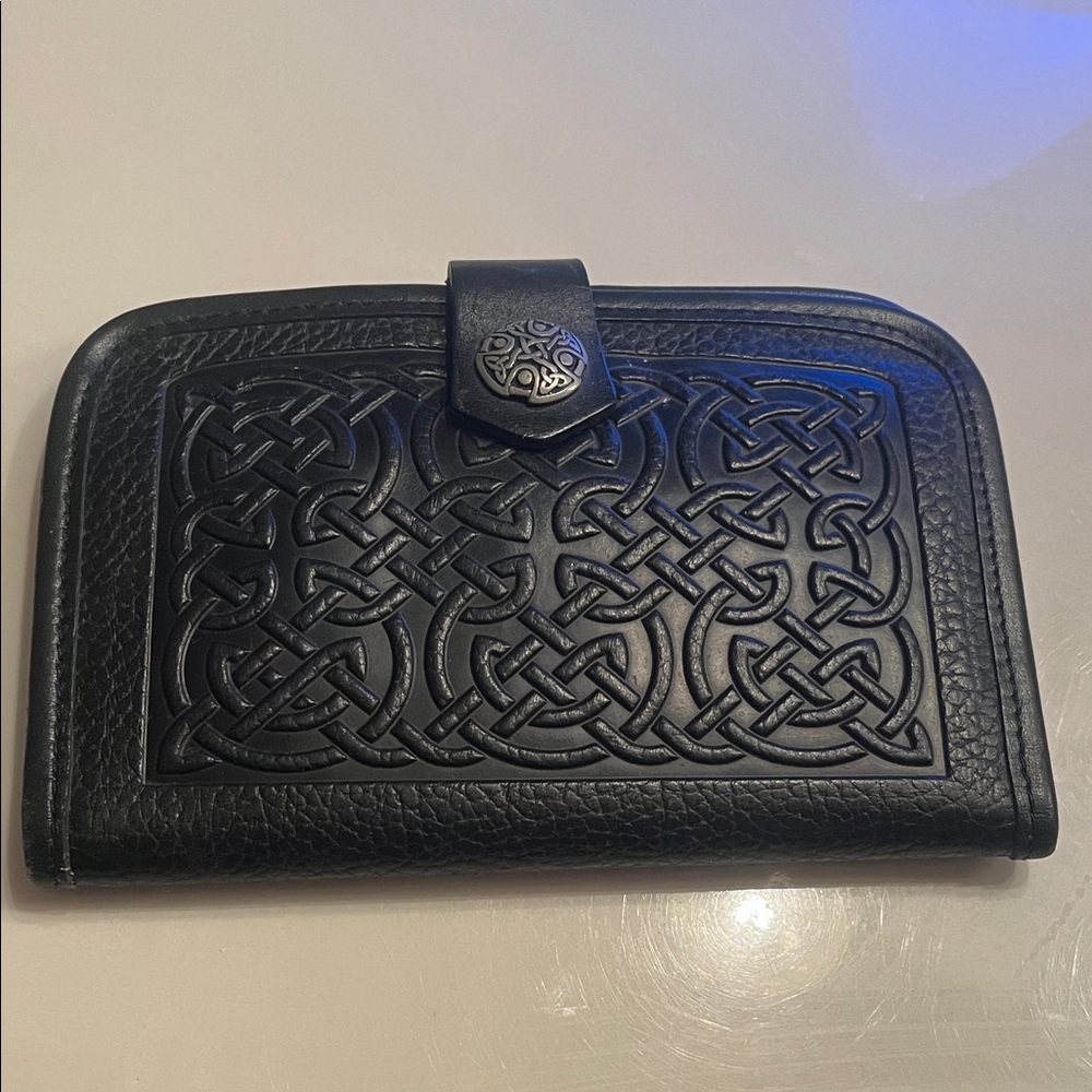 Vintage Black Celtic Embossed Leather Wallet Checkbook Cover clutch